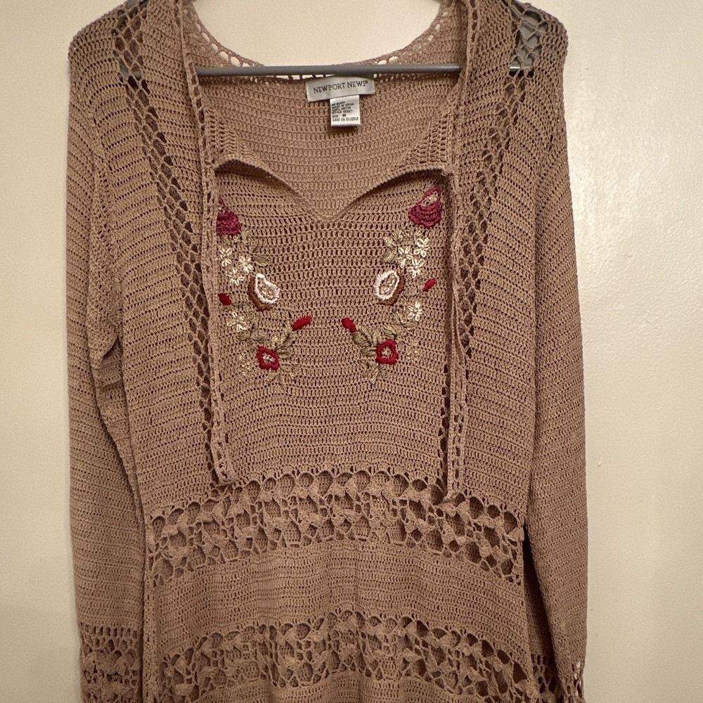 Newport News Womens Beige Open-Knit Floral Embroidered V-Neck Pullover  M Boho